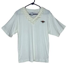 Gina Peters‎ VTG White Lace Trim Embroidered Rose V-Neck T-Shirt Top Women's L